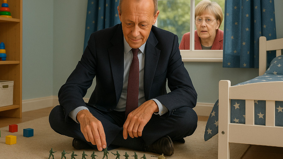 Friedrich Merz spielt im Kinderzimmer Spielzeugsoldaten. Merkel schaut durchs Fenster rein. Dieses Bild ist KI-generiert.