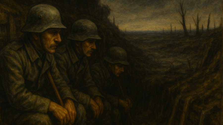 Soldaten sitzen im Schützengraben