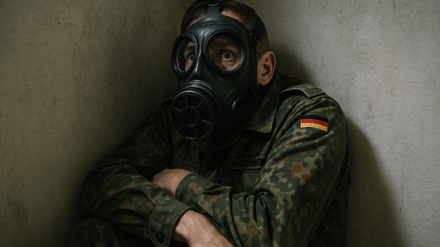 KI-generiertes Bild, Soldat mit Maske in Angst.