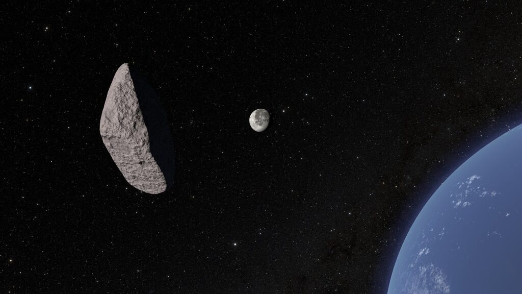 Dies ist ein Standbild aus einer Animation, die den Asteroiden 2024 YR4 beim Vorbeiflug an der Erde und seinem möglichen Einschlag auf dem Mond zeigt.