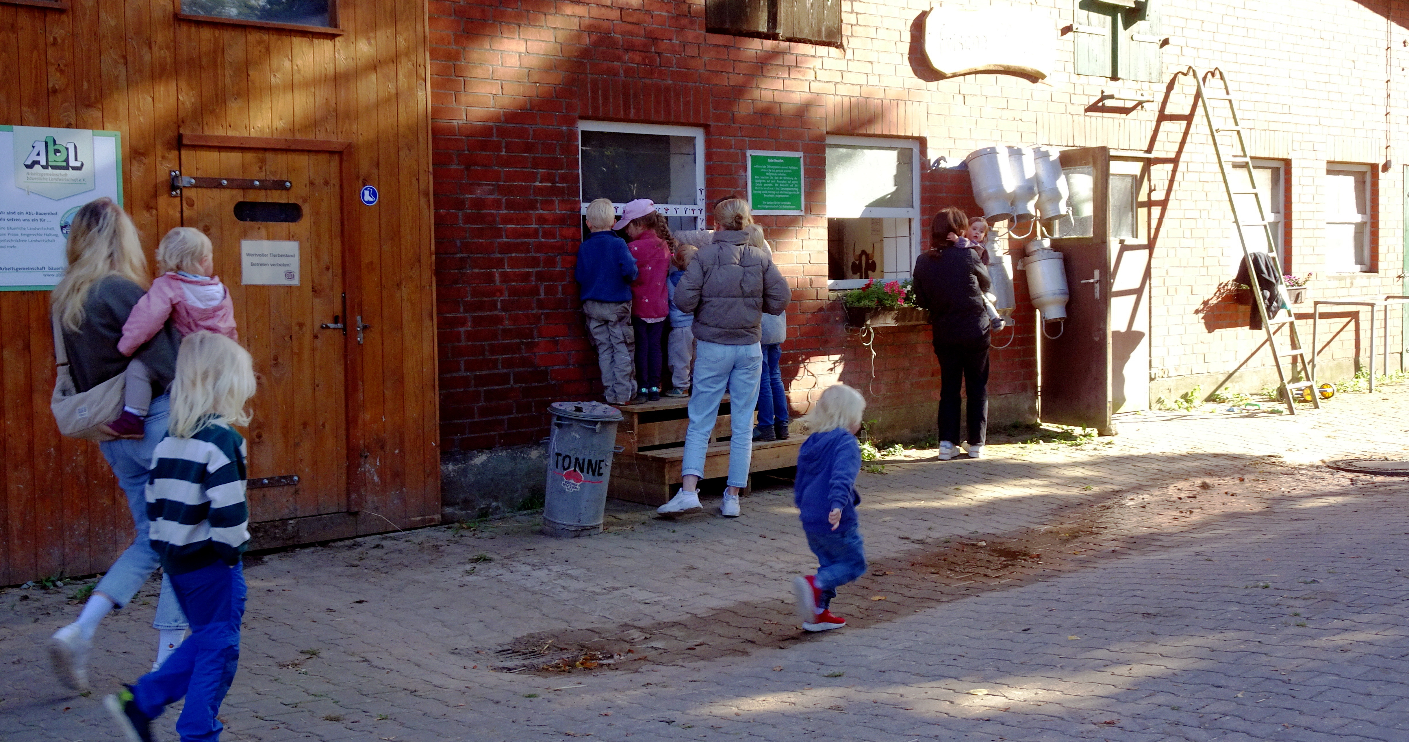 Auf Gut Rothenhausen an einem sonnigen Nachmittag: Familien verschaffen ihren Kindern ein Bauernhoferlebnis. In der Mitte das voll besetzte Fenster mit Blick zum Melkstand. | Foto: Florian Schwinn
