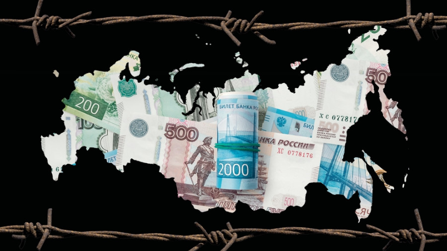 Russische Fahnenkarte aus Rubel. Rubel ist die Währung der Russischen Föderation 