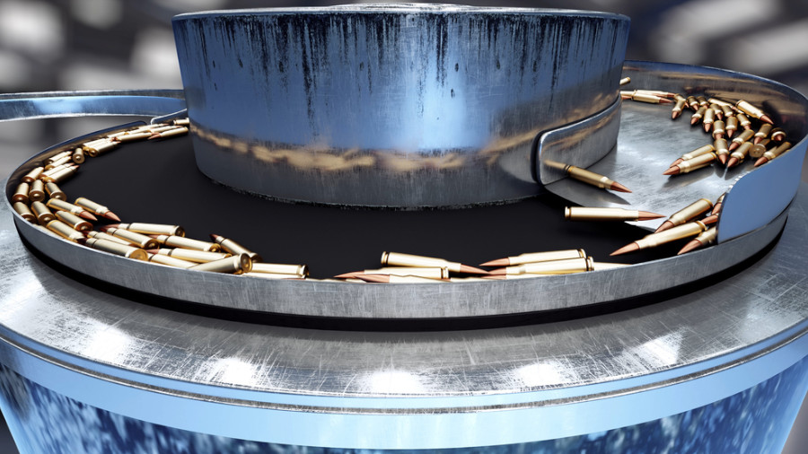 Process of production of bullets. Industrial concept. Factory equipment and macine. Steel. 3d rendering.