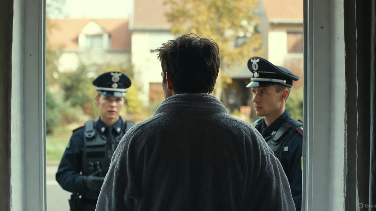 Mann öffnet Tür, Hausdurchsuchung