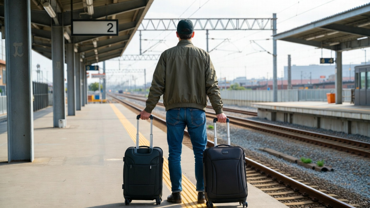 Mann mit Koffer am Bahnsteig.