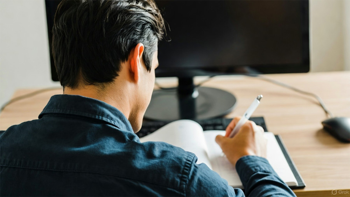 Mann sitzt am Schreibtisch und schreibt.