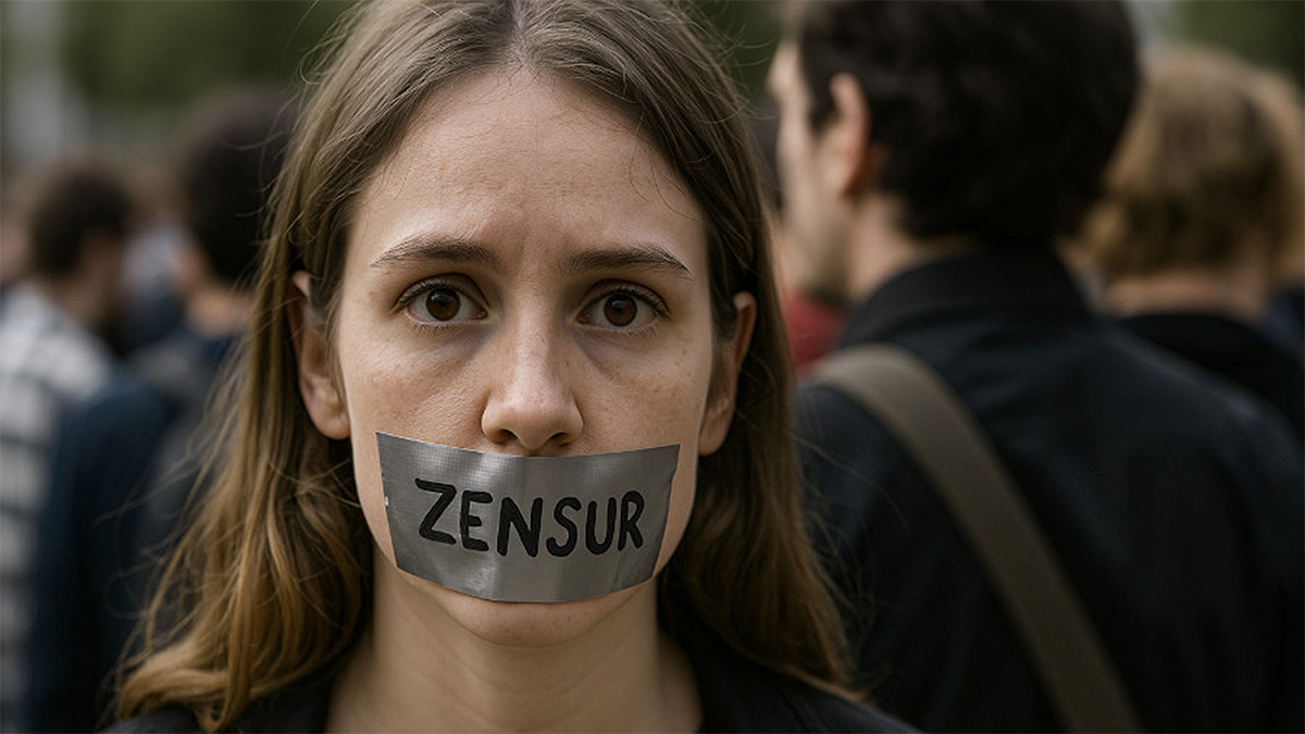 Frau mit zugeklebtem Mund.