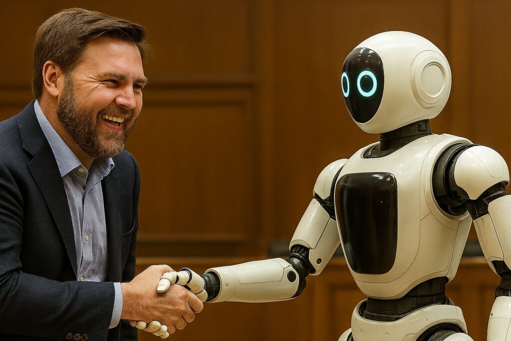 JD Vance begrüßt Roboter. Mit Copilot generiertes Bild.