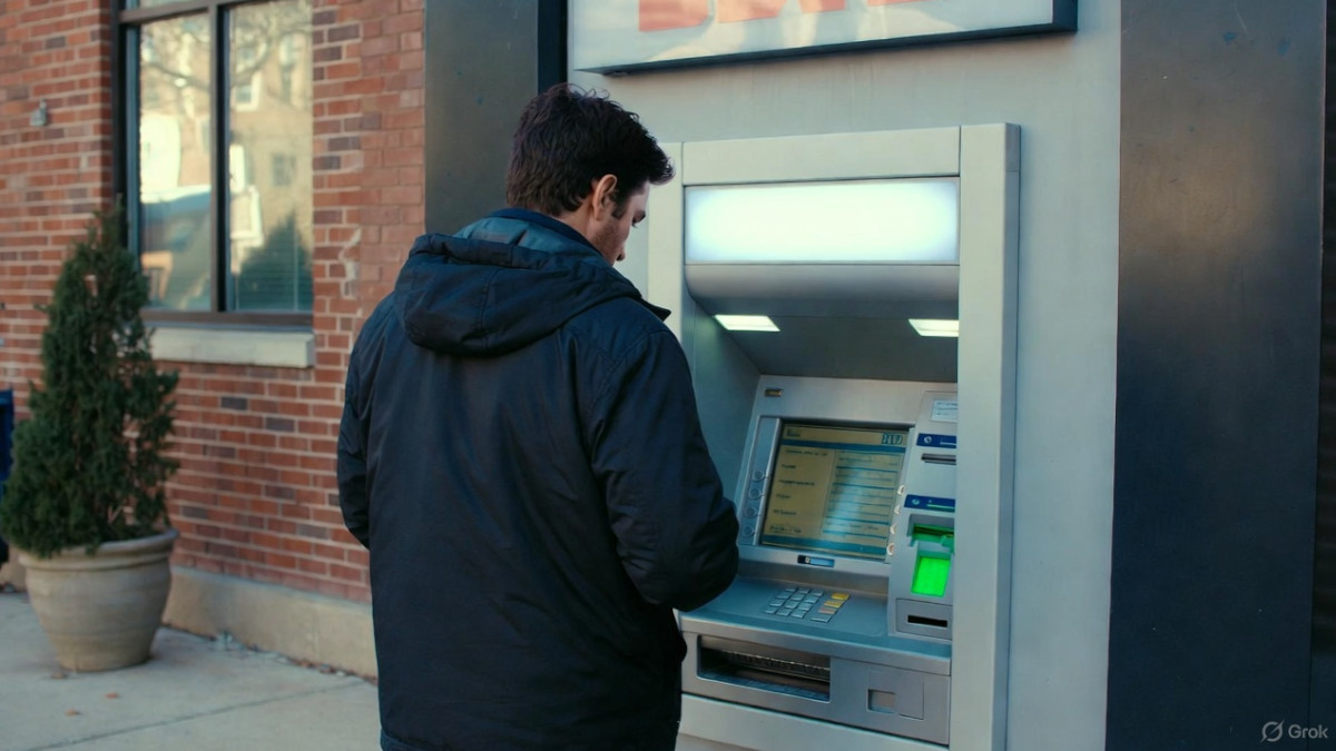 Mann am Bankautomat