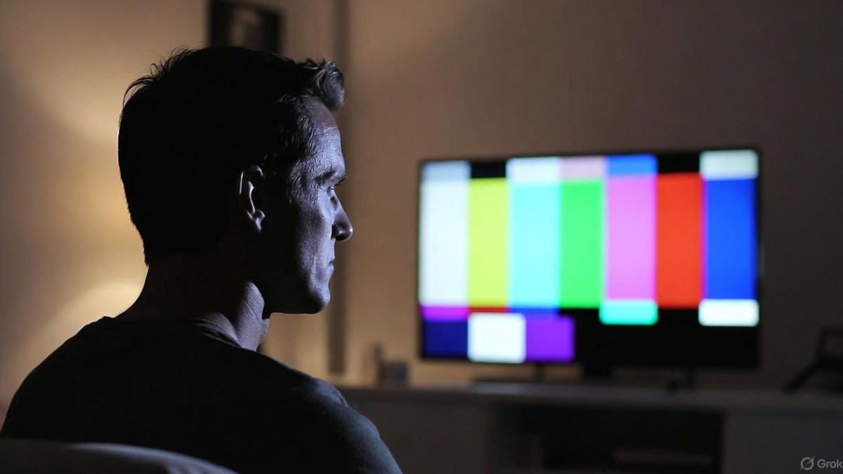 Mann schaut TV und sieht Testbild.