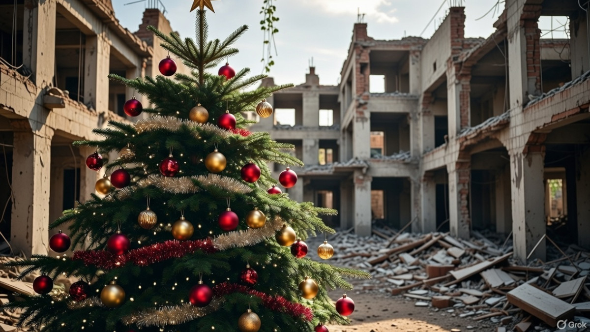 Weihnachtsbaum vor Ruinen.