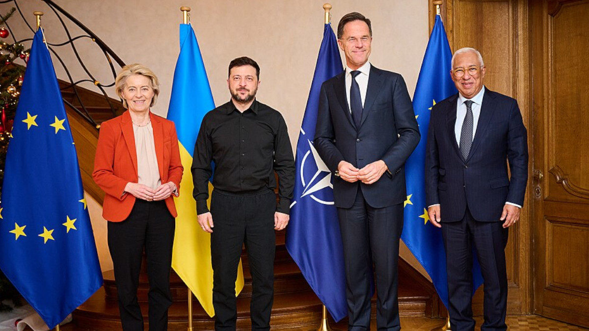 Ursula von der Leyen, Volodymyr Zelensky, Mark Rutte & António Costa