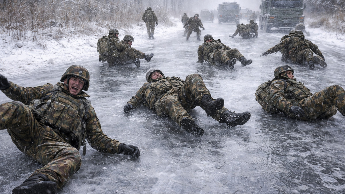 Soldaten rutschen auf Eis aus.