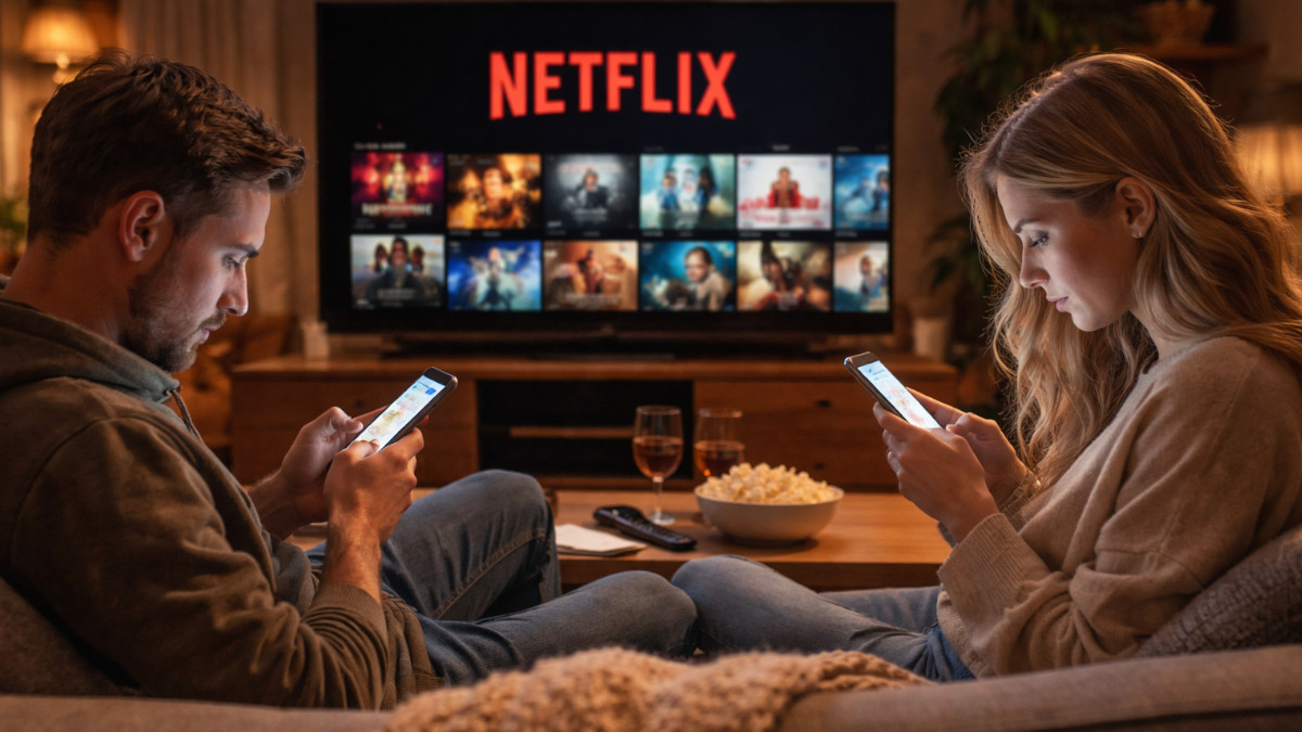 Paar guckt Netflix, schaut aber nicht hin.