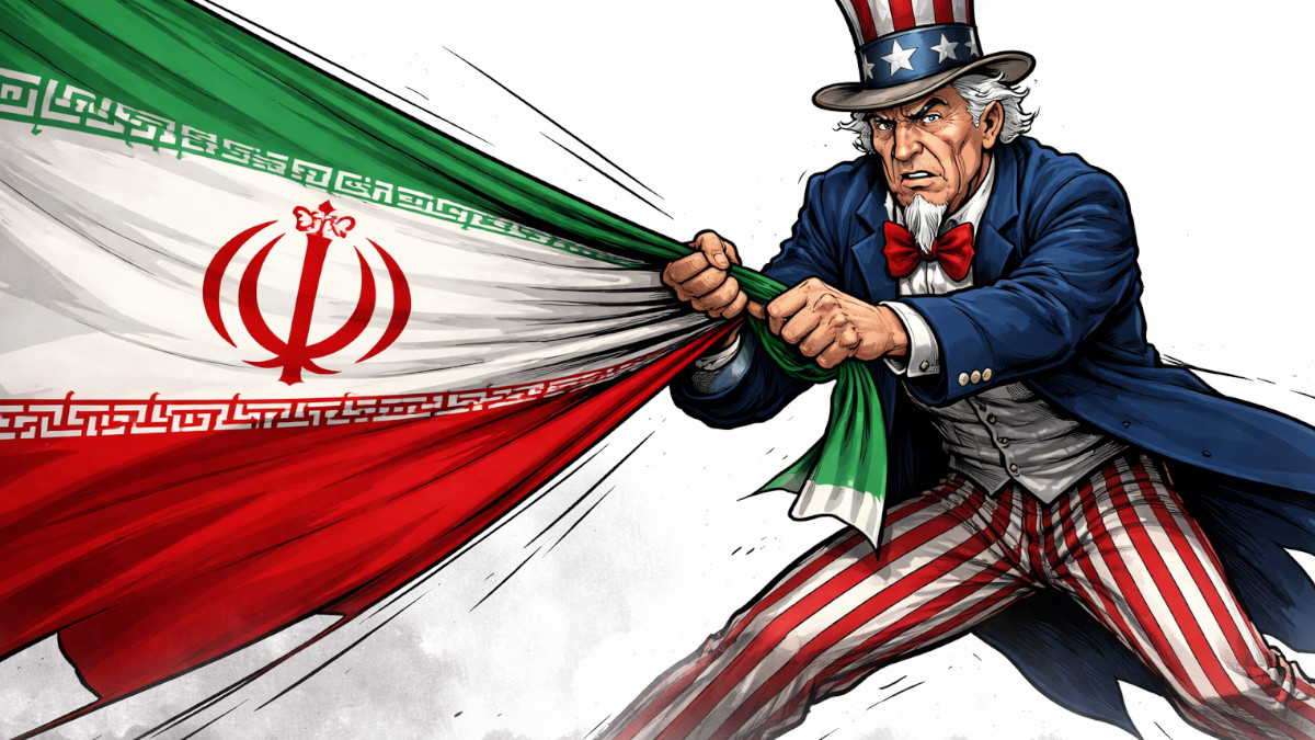 Uncle Sam zieht an iranischer Flagge.