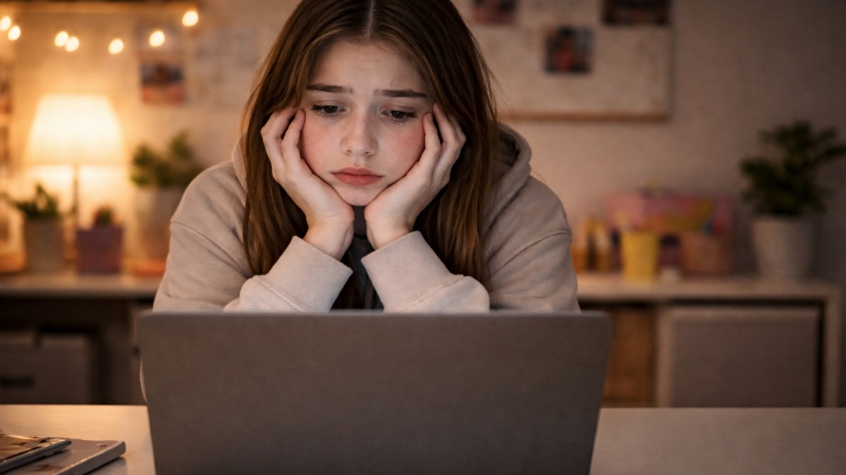 Mädchen sitzt traurig vor Laptop.