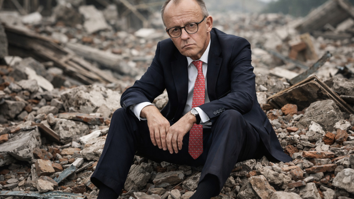 Merz sitzt auf einem Schutthaufen.