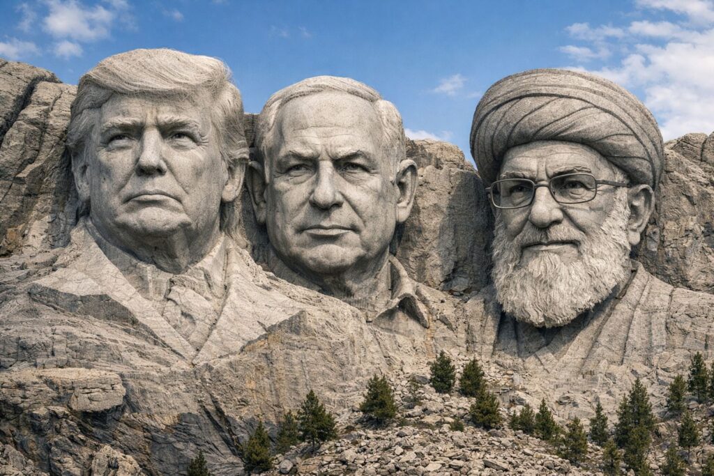 Trump, Netanjahu und Khamenei von ChatGPT vereint auf dem Mount Rushmore.