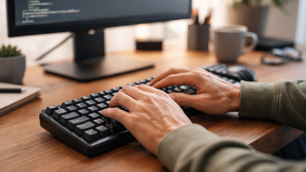 Mann tippt auf Tastatur