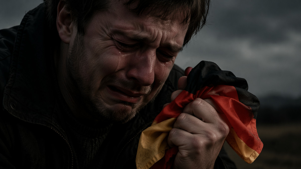 Mann mit Deutschland-Fahne in der Hand weint.