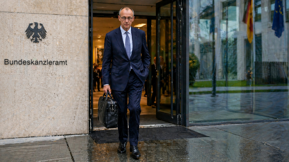 Merz muss weg. Merz steht mit Koffer vor dem Kanzleramt.