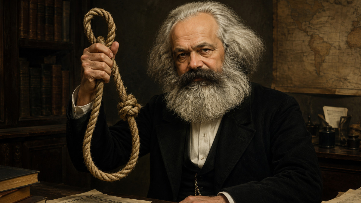 Karl Marx mit Strick in der Hand