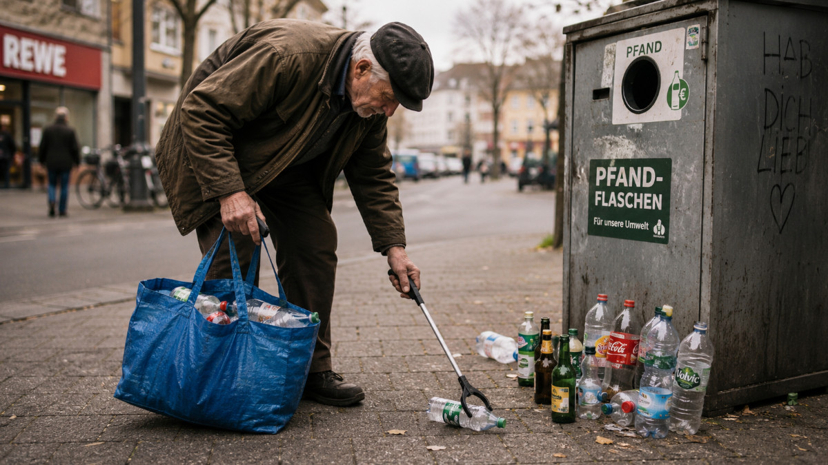 Rentner sammelt Flaschen, KI-generiert