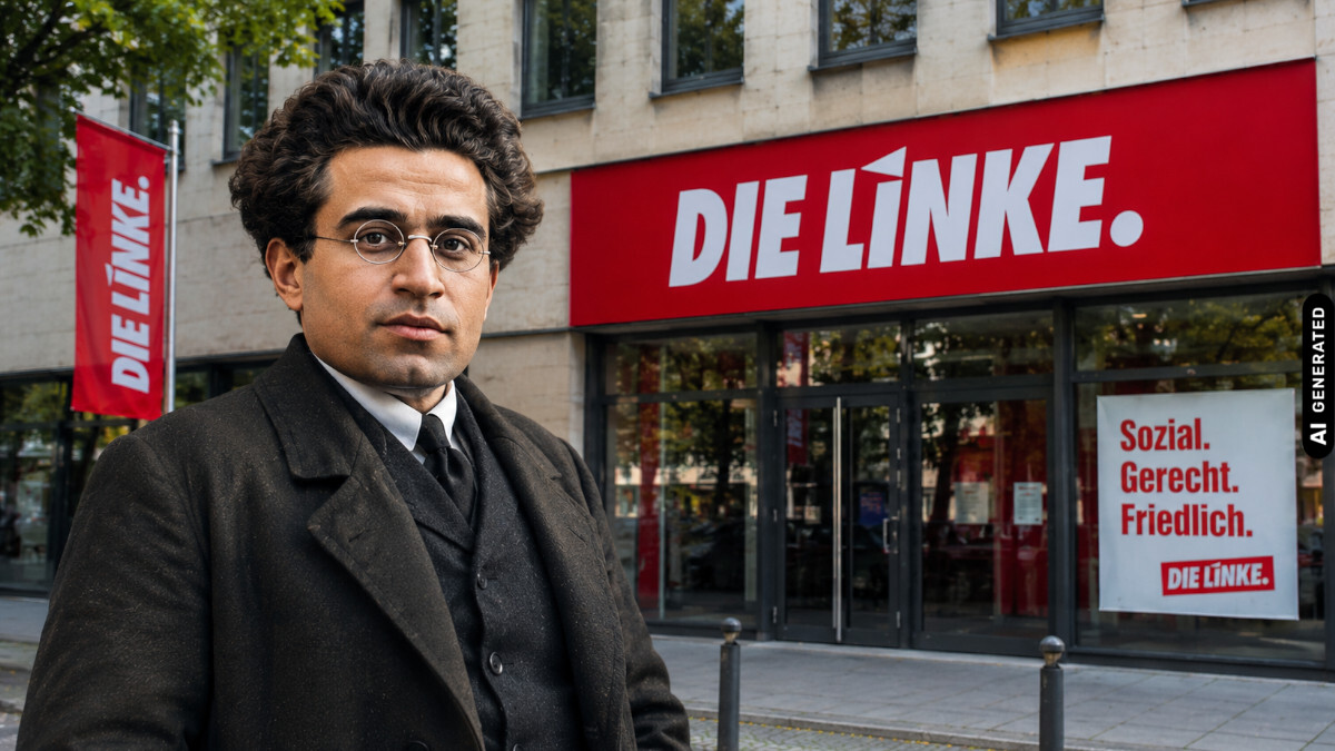 Antonio Gramsci vor Parteibüro der Linken, KI-generiert.