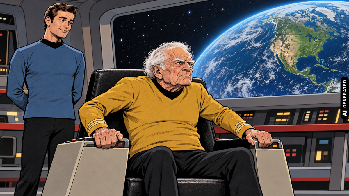 Alter Captain auf Enterprise-Brücke, KI-generiert