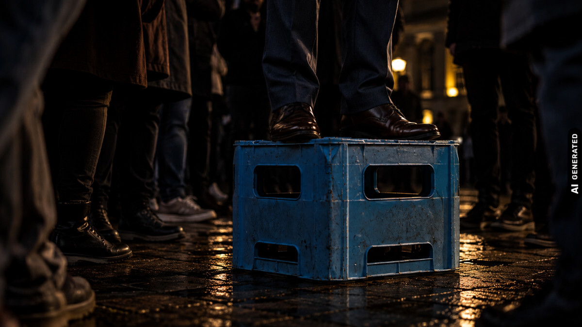 Mann auf Bierkiste, SPD, Pistorius - KI generiert