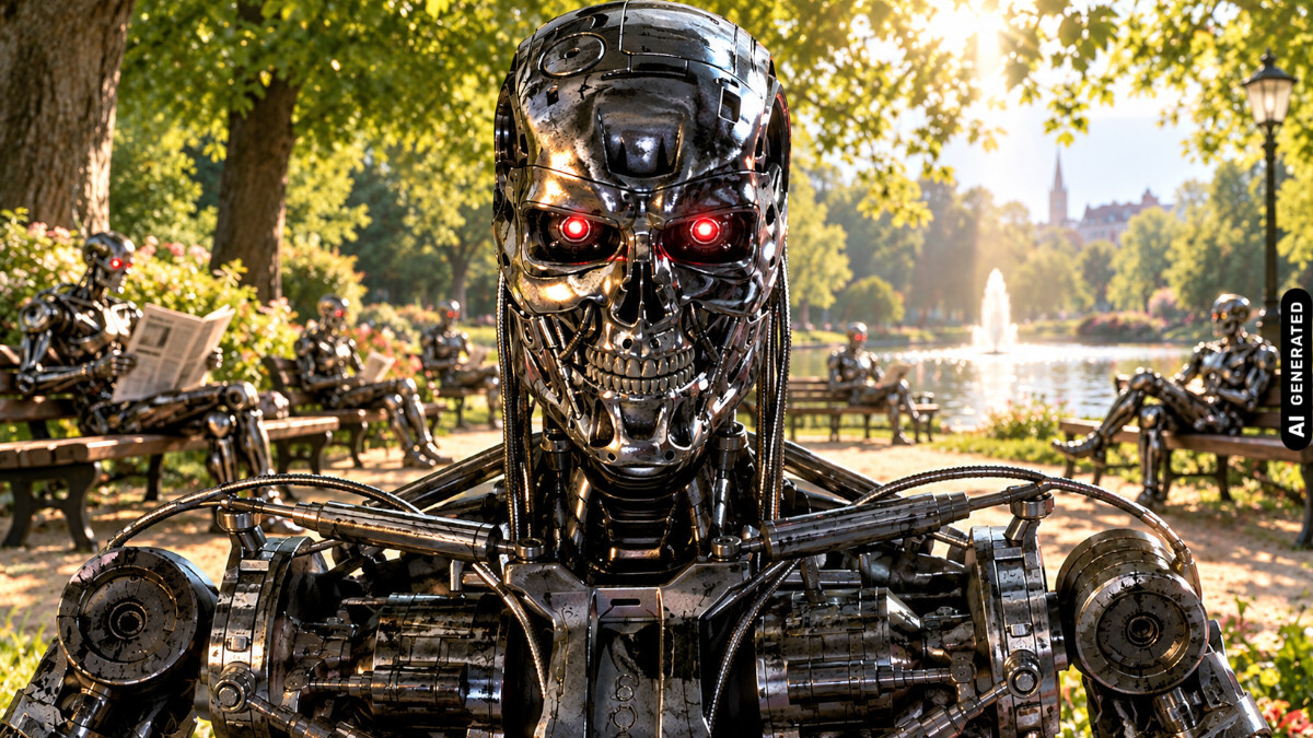 Terminator im Park, KI-generiert
